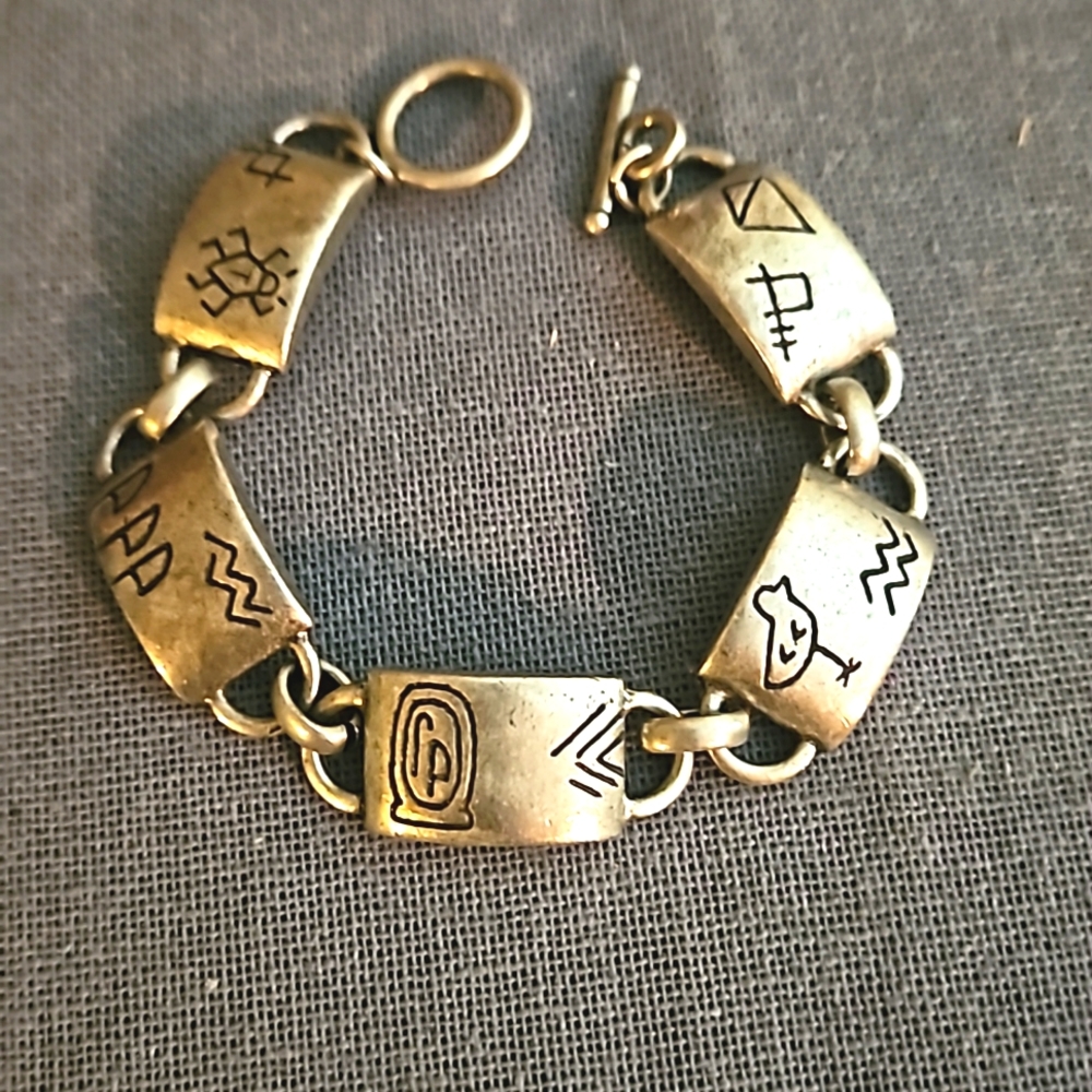 Chicos antiqued silver bracelet nautical theme drawings bird super cute 7.5"